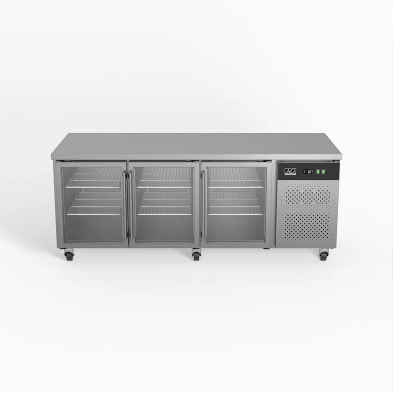 Three Door Commercial Glass Door Worktop / Under Bench Display Fridge 800mm Depth