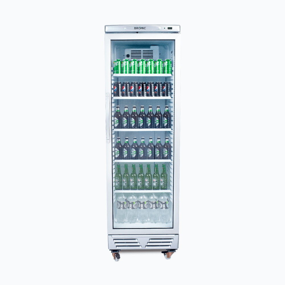 Upright Display Fridge – 372L – 1 Door – Flat Glass – White with Silve