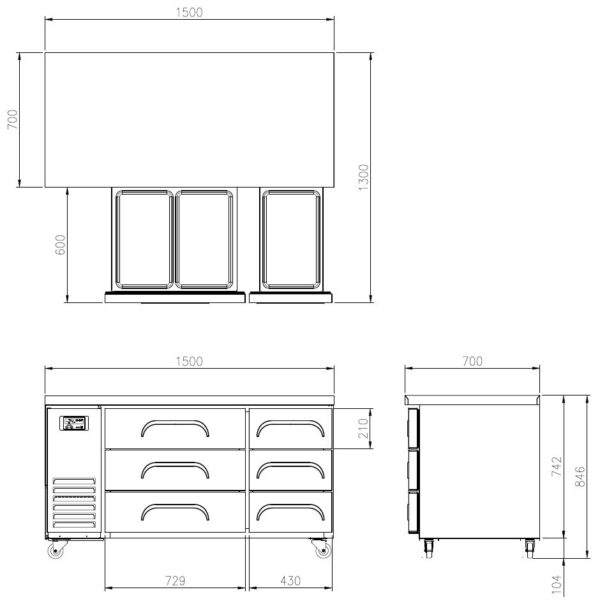 3 Drawer Underbench Fridge 1500mm Wide 2