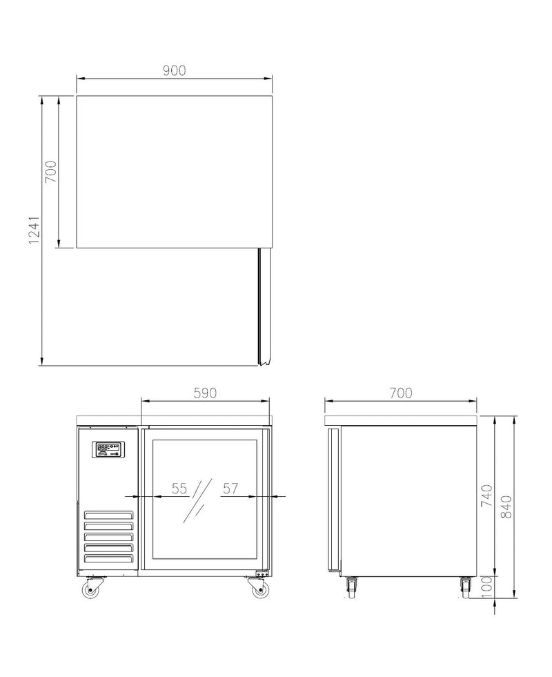 Glass One Door Underbench Fridge 900mm Wide 2