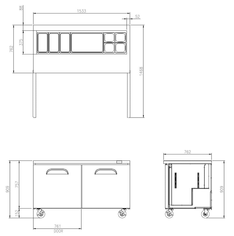 Slide Top Prep Table 1533mm Wide 441L 2