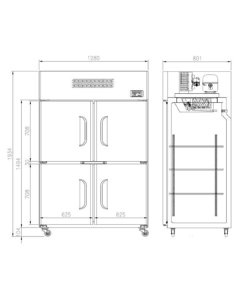 Top Mount Upright Freezer four split Door 1034L 2