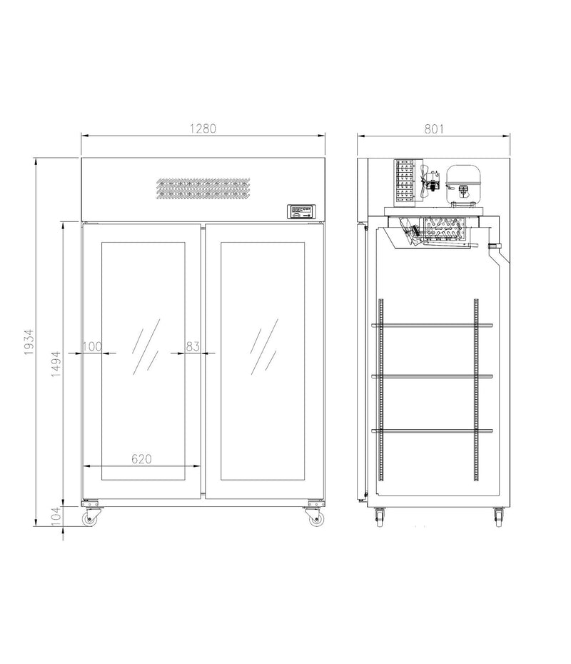 Two Glass Door Top Mount Upright Fridge 1034L 2