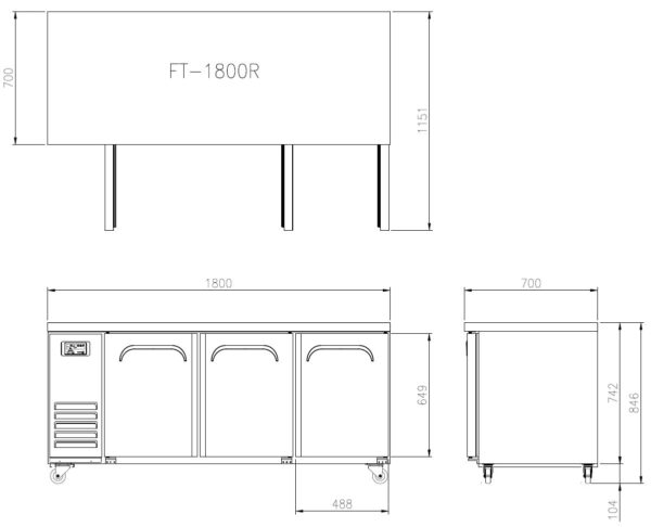 Underbench Fridge Three Door 1800mm Wide 2