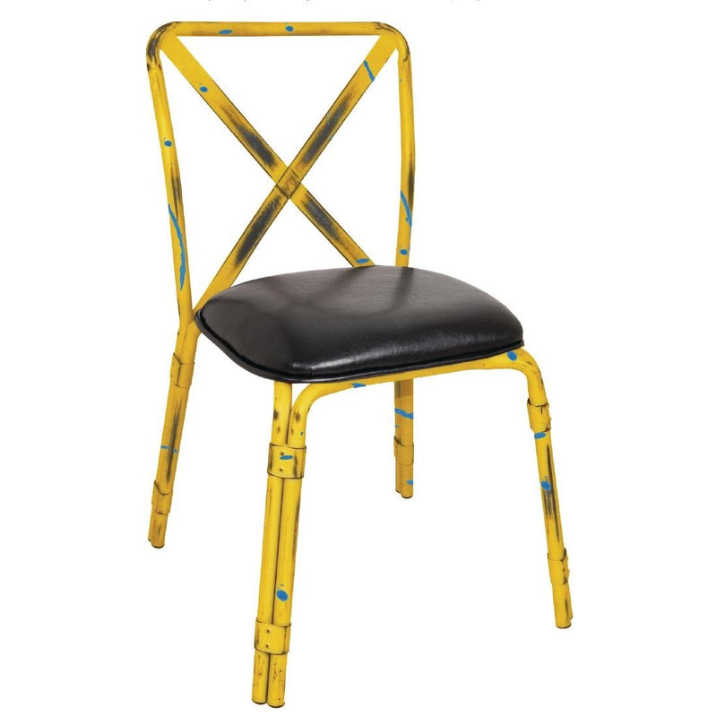 Bolero Antique Yellow Steel Chairs with Black PU Seat (Pack of 4)