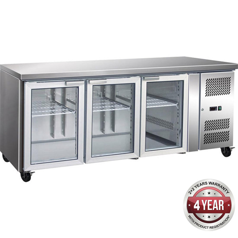 GN3100TNG 3 Glass Door Gastronorm Bench Fridge-Cafeappliance.com.au